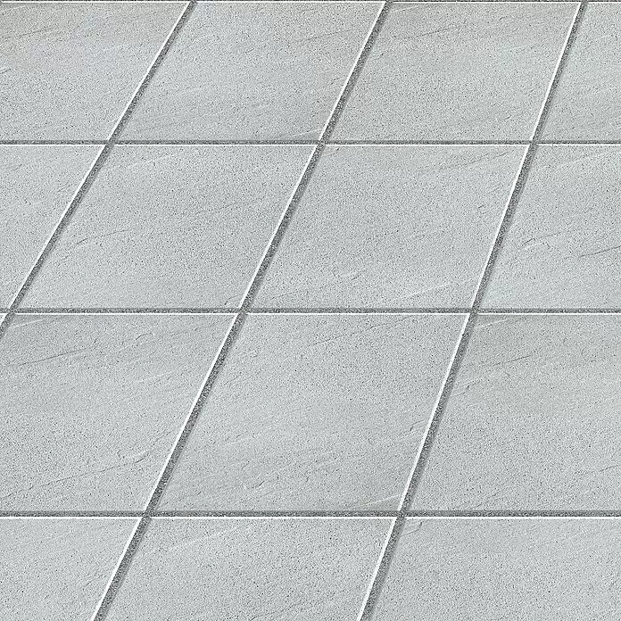Terrassenplatte Wild Stone - 60 x 40 x 4 cm, Perla, Beton - Hellgraue, texturierte Rautenfliesen mit dunklen Fugen, in einem nahtlosen Muster.