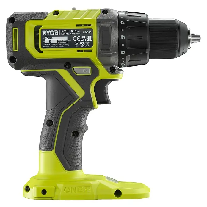 Ryobi ONE+ Akku-Bohrschrauber RDD18-0 - 18 V, Ohne Akku, 52 Nm - Das Bild zeigt einen Ryobi RDD18 Akku-Bohrschrauber in den Farben Grün und Schwarz. Ein leistungsstarkes Werkzeug für Heimwerker und Profis.