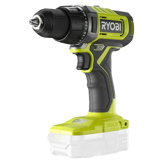 Ryobi ONE+ Akku-Bohrschrauber RDD18-0 - 18 V, Ohne Akku, 52 Nm - Nahaufnahme eines Ryobi Akku-Bohrschraubers mit grünem Gehäuse und schwarzem Griff. Das Gerät ist mit einem Akku ausgestattet.