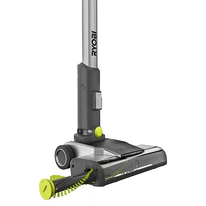 Ryobi ONE+ Maschinenpaket - Akku-Staubsauger RSV18-0 + gratis Starter-Kit - Ryobi Staubsaugeraufsatz mit einer sichtbaren, leuchtend lindgrünen rotierenden Bürste zur Bodenreinigung.