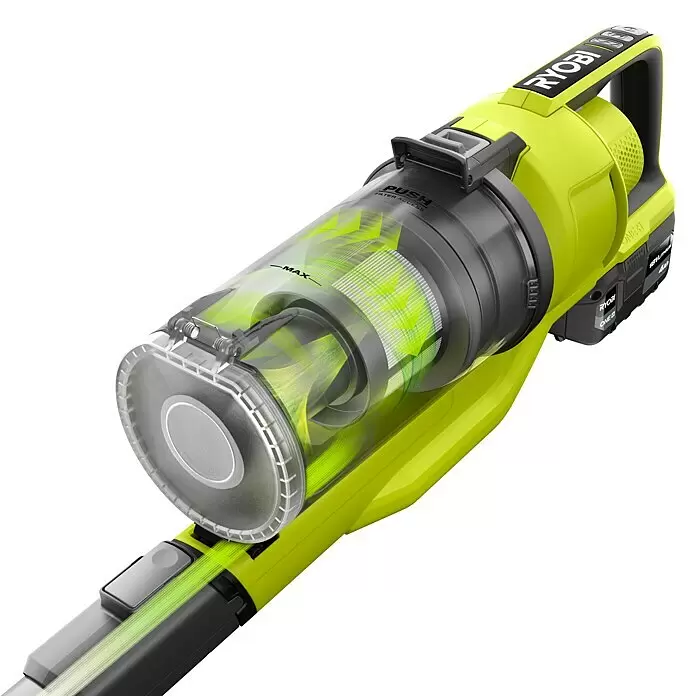 Ryobi ONE+ Maschinenpaket - Akku-Staubsauger RSV18-0 + gratis Starter-Kit - Limettengrüner und schwarzer Ryobi Staubsauger mit transparentem Staubbehälter, der leuchtend grüne Luftströmung und den Filter zeigt.