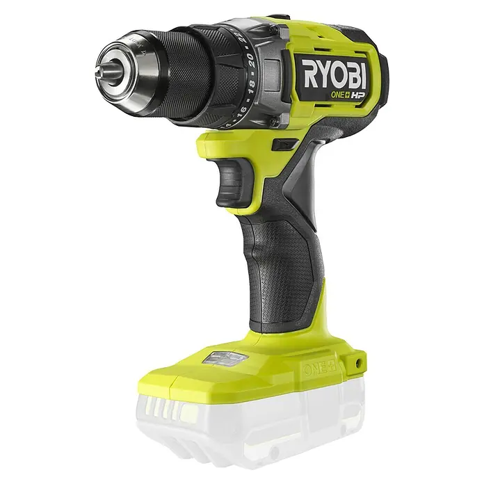 Ryobi ONE+HP Akku-Bohrschrauber RDD18X-0 - 18 V, Ohne Akku, 95 Nm - Nahaufnahme eines Akku-Bohrschraubers der Marke Ryobi ONE+ HP mit einem schwarzen Griff und einem gelbgrünen Gehäuse.