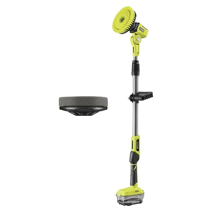 Ryobi ONE+ Akku-Reinigungsbürste R18TPS-0 - 18 V, Ohne Akku - Das Bild zeigt einen gelben Ryobi PCL1600K Akku-Stabwäscher mit austauschbarem Bürstenkopf und Reinigungspad auf einem schwarzen Hintergrund.