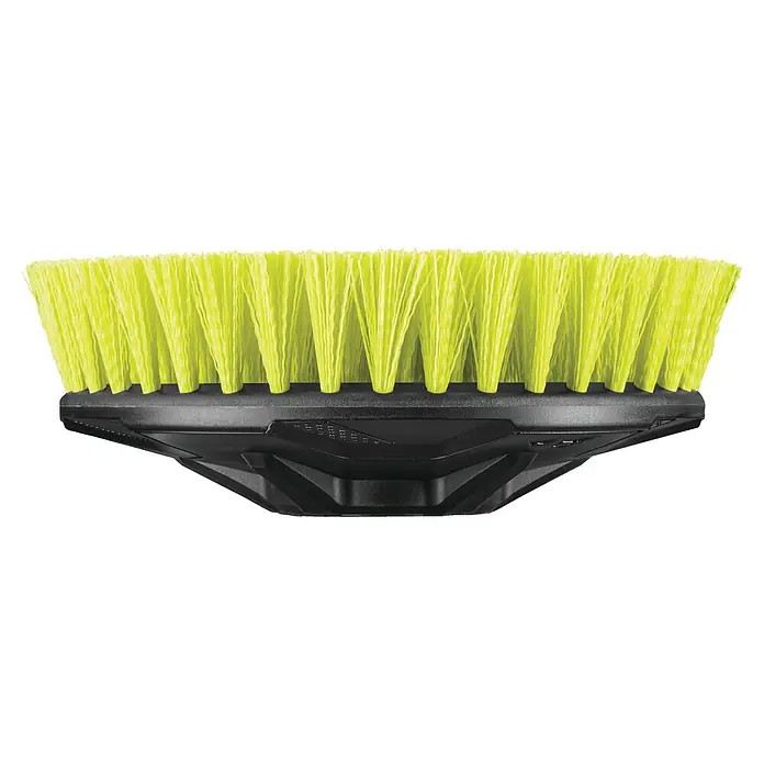 Ryobi Nylon-Scheibenbürste - Durchmesser: 15 cm, Medium Borsten - Bild einer gelben Bürste mit schwarzem Gehäuse. Die Borsten sind dicht und stehen senkrecht ab. Ideal für Reinigungsarbeiten im Haushalt und im Gewerbe.