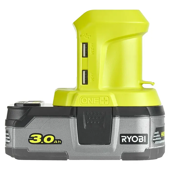 Ryobi ONE+ USB-Adapter - 18 V, Ohne Akku - Abbildung einer Ryobi ONE+ 3.0 Ah Batterie mit USB-Anschlüssen, ideal für Werkzeuge und zum Aufladen von Geräten unterwegs.