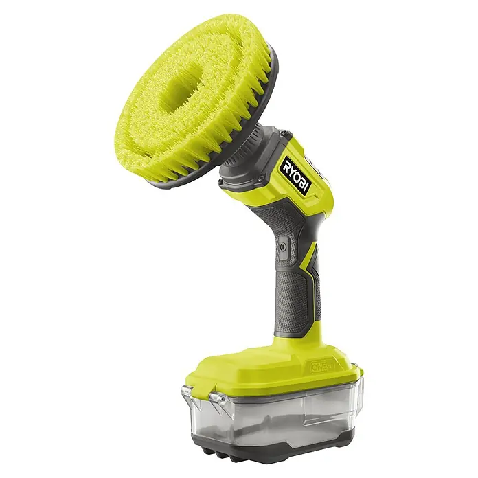 Ryobi ONE+ Akku-Reinigungsbürste R18CPS-0 - 18 V, Ohne Akku - Das Bild zeigt eine Ryobi ONE+ Akku-Reinigungsbürste mit einem gelben Bürstenaufsatz und einem transparenten Wasserbehälter.