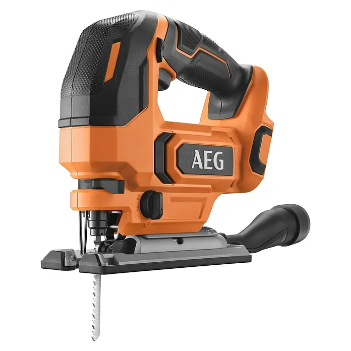 AEG Pro 18V Akku-Stichsäge BST 18X2 - 18 V, Ohne Akku, Leerlaufhubzahl: 0 /min - 3.000 /min - Abbildung einer AEG-Stichsäge mit orangefarbenem Gehäuse und schwarzem Griff. Das Gerät ist mit einem Sägeblatt ausgestattet und einsatzbereit.