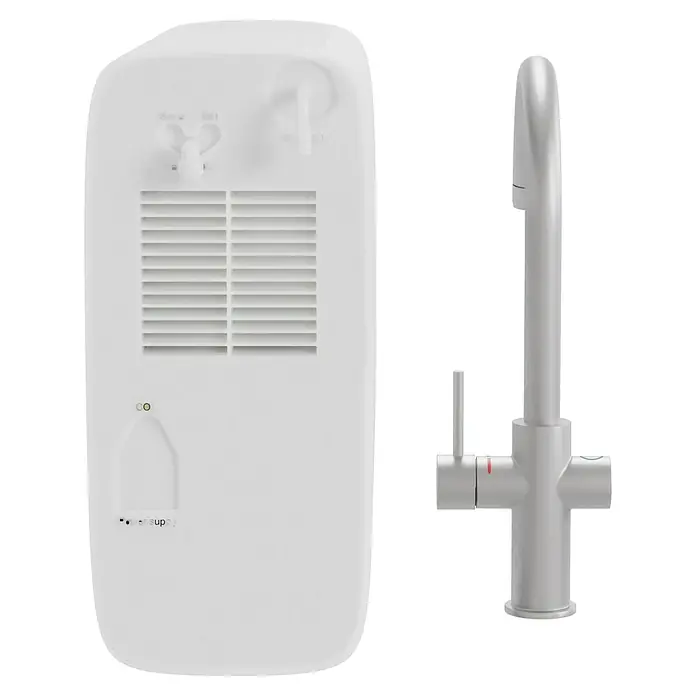 Grohe Spültischarmatur Blue Home - Höhe: 41,8 cm, C-Auslauf, Supersteel, Matt, Schwenkbar - Abbildung eines weißen Wasserhahns mit einem weißen Wasserfiltersystem.