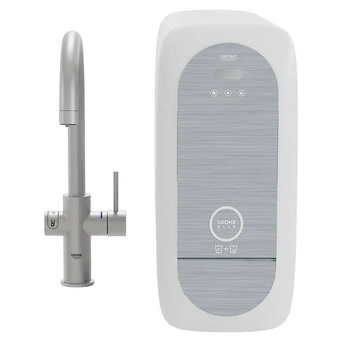 Grohe Spültischarmatur Blue Home - Höhe: 41,8 cm, C-Auslauf, Supersteel, Matt, Schwenkbar - Abbildung des GROHE Blue Wassersystems mit Armatur und Kühler/Filter für gefiltertes und gekühltes Wasser direkt aus dem Hahn.