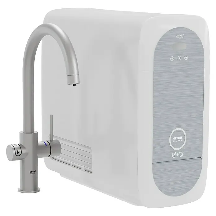 Grohe Spültischarmatur Blue Home - Höhe: 41,8 cm, C-Auslauf, Supersteel, Matt, Schwenkbar - Grohe Blue Wassersystem: Genießen Sie gefiltertes, gekühltes und sprudelndes Wasser direkt aus Ihrem Wasserhahn. Stilvoll und praktisch für jede Küche.