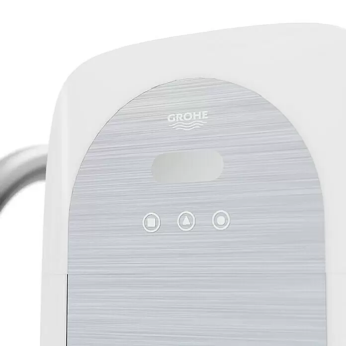 Grohe Spültischarmatur Blue Home - Höhe: 41,8 cm, C-Auslauf, Supersteel, Matt, Schwenkbar - Weißes Grohe Duschbedienfeld mit gebürsteter Metallfront, Anzeige und drei Bedientasten.