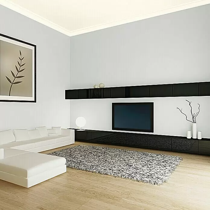 swingcolor Soft Colors Wandfarbe - Smoke, Matt, 5 l - Modernes, minimalistisches Wohnzimmer mit weißem Ecksofa, schwarzer TV-Wand und strukturiertem Teppich auf hellem Holzfußboden.
