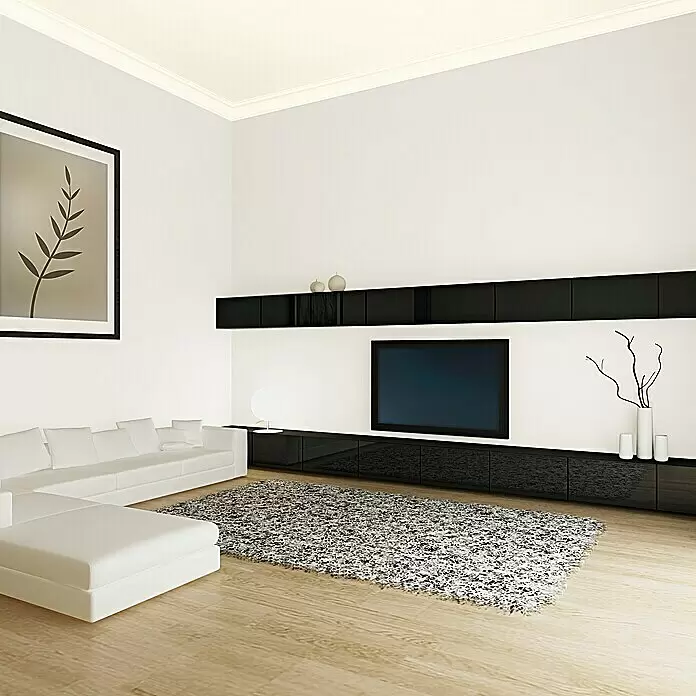swingcolor Soft Colors Wandfarbe - Cotton, Matt, 10 l - Modernes Wohnzimmer mit großem weißem Ecksofa, schwarzem Medienschrank mit TV und flauschigem grauem Teppich auf hellem Holzboden.