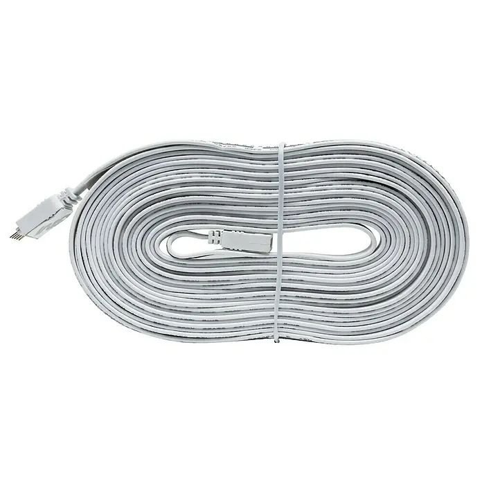 Paulmann MaxLED Verbindungskabel Flex-Connector - 500 cm - Nahaufnahme eines zusammengerollten, weißen Patchkabels mit Steckern an beiden Enden, zusammengebunden mit einem weißen Kabelbinder.