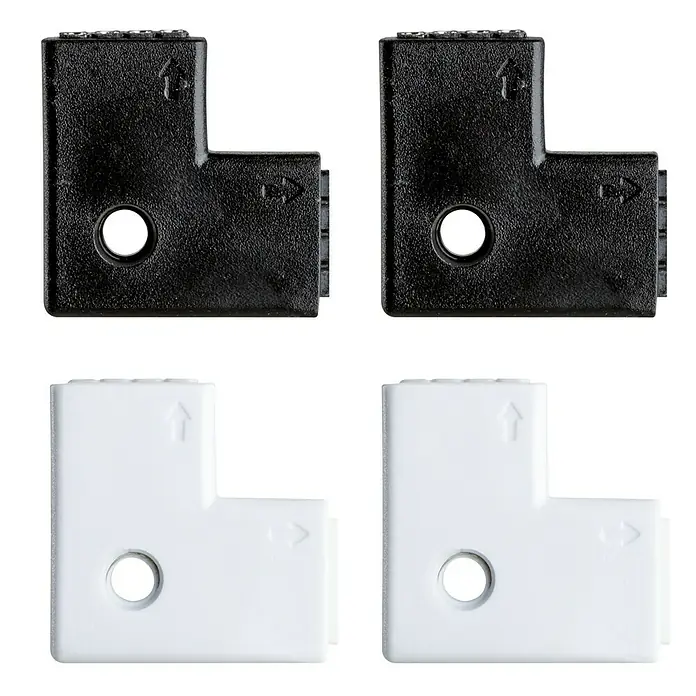 Paulmann Conector de esquina YourLED - 12 pzs. - Cuatro conectores de esquina, dos en negro y dos en blanco, diseñados para crear una conexión en ángulo recto, cada uno con un orificio para tornillo.