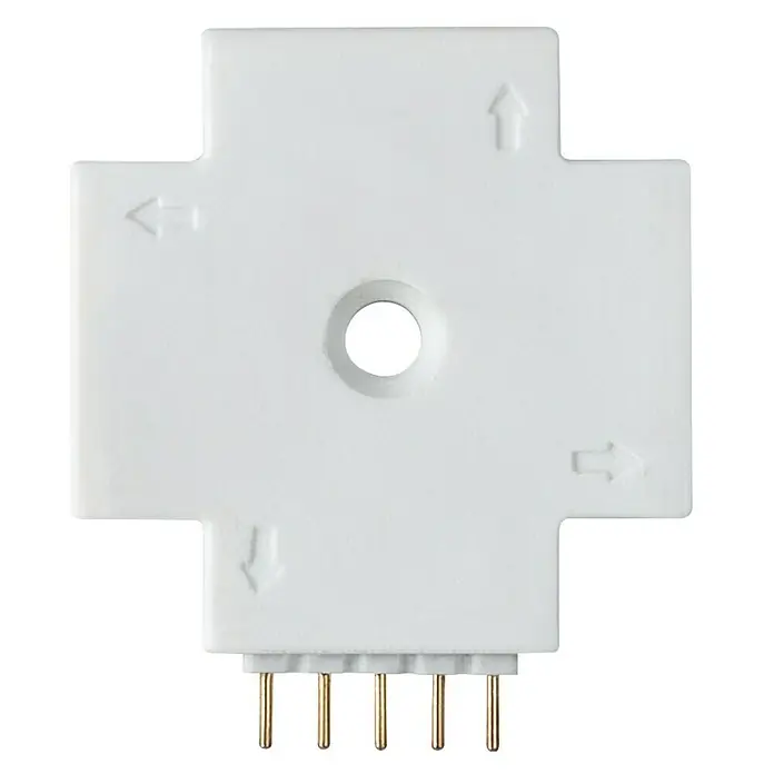 Paulmann MaxLED Verbinder X-Connector - Kunststoff - Nahaufnahme eines weißen LED-Streifenverbinders in Kreuzform mit fünf goldenen Stiften. Ideal für flexible Lichtinstallationen.
