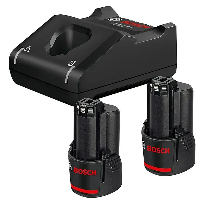 Bosch Professional Akku & Ladegerät Starter-Set GAL 12V-4 & 2 x GBA 12V/2 Ah - 12 V, 2 Akkus, 2 Ah - Akku-Ladegerät von Bosch Professional mit zwei 12-Volt-Akkus, ideal für professionelle Anwender, die Wert auf Leistung und Zuverlässigkeit legen.