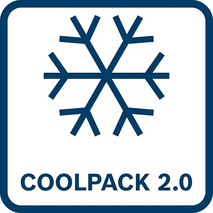 Bosch Professional AMPShare 18V Akku & Ladegerät - 18 V, 1 Akku, 4 Ah - Symbol für COOLPACK 2.0 mit Schneeflocke in blauem Rahmen, kennzeichnet Kühltechnologie für Werkzeugakkus und -geräte von Bosch Professional.