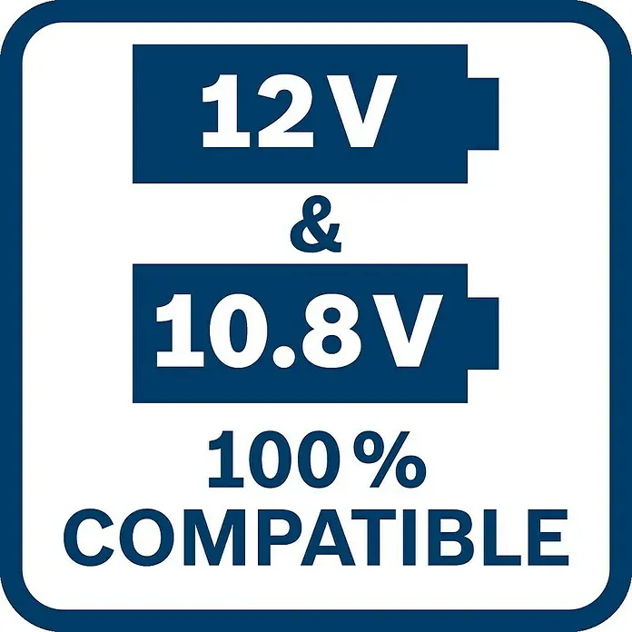 Bosch Professional Akku & Ladegerät Starter-Set GAL 12V-4 & 2 x GBA 12V/2 Ah - 12 V, 2 Akkus, 2 Ah - 12V & 10.8V 100% kompatibles Akku-Symbol. Das Symbol zeigt die Kompatibilität der Akkus mit verschiedenen Spannungen und ist blau auf weißem Grund.