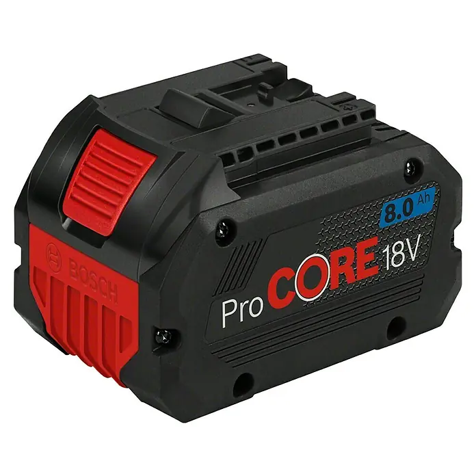 Bosch Professional AMPShare 18V Akku ProCORE18V - 18 V, 8 Ah - Bosch ProCORE 18V 8.0Ah Akku mit rotem Bosch-Logo und Aufschrift "ProCORE 18V". Leistungsstarker Akku für professionelle Anwendungen.