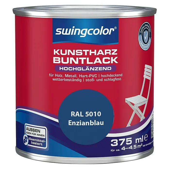 swingcolor Buntlack Kunstharz für Außen - Enzianblau, Hochglänzend, 375 ml, Lösemittelbasiert - Dose Kunstharz-Buntlack von Swingcolor in Enzianblau (RAL 5010), hochglänzend, für Holz, Metall und Hart-PVC, mit 375 ml Inhalt.