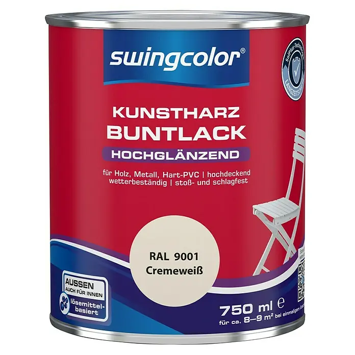 swingcolor Buntlack Kunstharz für Außen - Cremeweiß, Hochglänzend, 750 ml, Lösemittelbasiert - Dose Kunstharz-Buntlack hochglänzend von Swingcolor, Farbton RAL 9001 Cremeweiß, 750 ml für Innen- und Außenbereich.