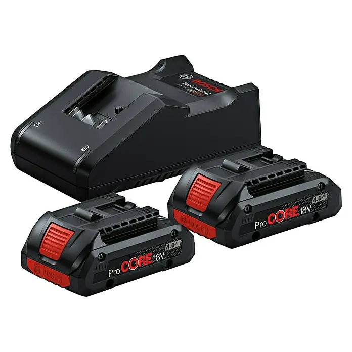 Bosch Professional AMPShare 18V Akku & Ladegerät Starter-Set ProCore - 18 V, 2 Akkus, Li-Ionen, 4 Ah - Das Bild zeigt ein Bosch Professional Ladegerät mit zwei ProCore 18V 4.0Ah Akkus.