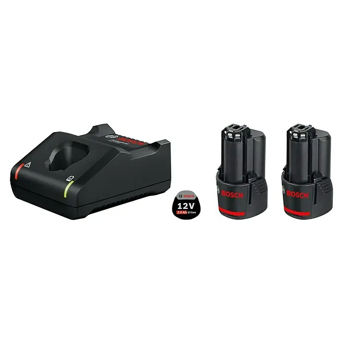 Bosch Professional Akku & Ladegerät Starter-Set GAL 12V-4 & 2 x GBA 12V/2 Ah - 12 V, 2 Akkus, 2 Ah - Bosch 12V Akku-Ladegerät mit zwei 12V Akkus, ideal für professionelle Anwender. Kompaktes Design für einfachen Transport und Lagerung.