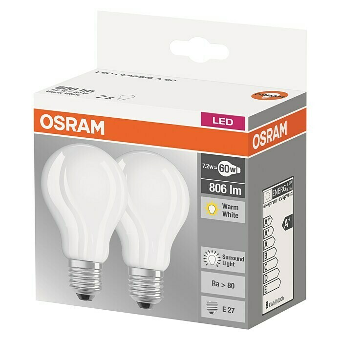Osram Bombilla LED Filamento Classic (2 uds., 7,2 W, E27, Blanco cálido)