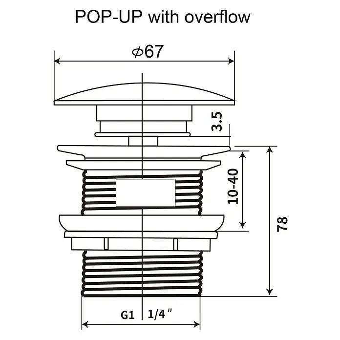 Inspira Ablaufventil - 1 ¼″, Black, Mit Druckknopf - Technische Zeichnung eines POP-UP-Ventils mit Überlauf und Maßangaben.