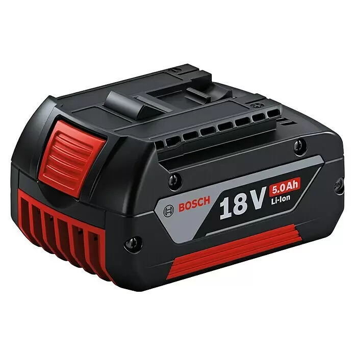 Bosch Professional AMPShare 18V Batería GBA - 18 V, 1 batería, 5 Ah - Batería Bosch 18V 5.0Ah Li-ion negra para herramienta eléctrica con detalles rojos.