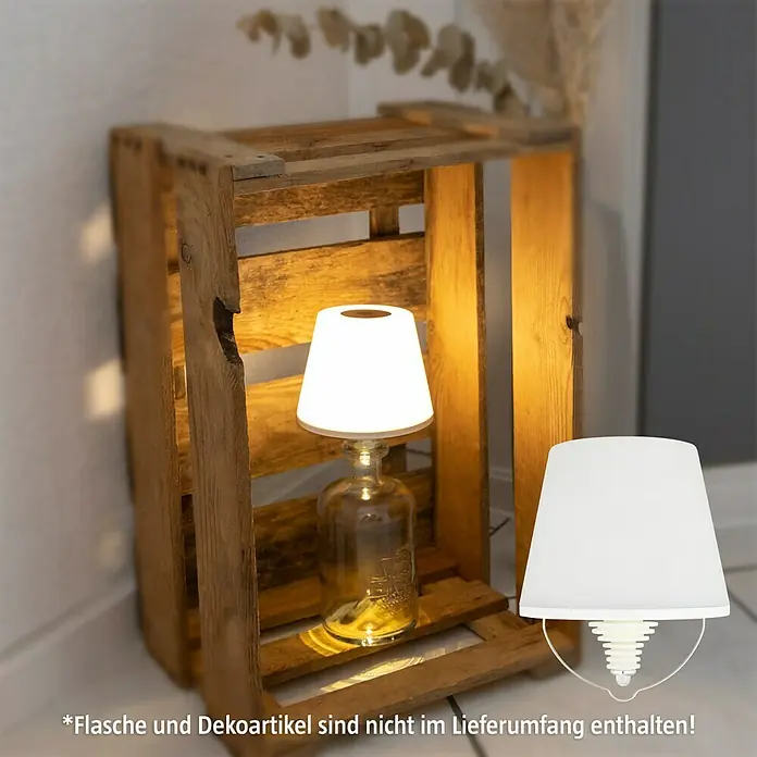 REV LED-Flaschenleuchte mit Akku Lamprusco - 2 W, Warmweiß, Ø x H: 11,5 x 13,8 cm, Weiß, Akkubetrieben - Stimmungsvolle Tischlampe mit Lampenschirm und dekorativer Flasche in einem rustikalen Holzkasten.\n