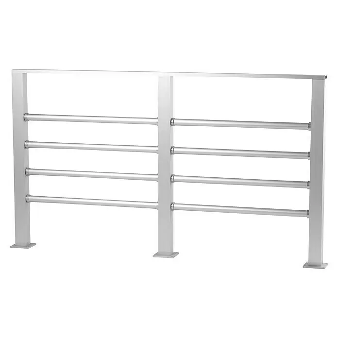 Recal Rohr Hindsen - Passend für: Recal Zaunpfosten Hindsen mit einer Höhe von 99,5 cm, Länge: 149 cm, Aluminium, Natur eloxiert - Silberfarbenes Metallgeländer mit vier Querstäben und vertikalen Pfosten, auf Grundplatten montiert.