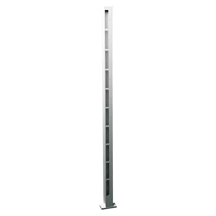 Recal Zaunpfosten Karlsdal - Höhe: 174 cm, Endpfosten rechts, Natur eloxiert, Aluminium - Hoher, schlanker, hellgrauer Säulenlautsprecher mit mehreren quadratischen Gittern und flachem Sockel.