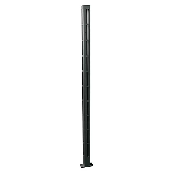Recal Zaunpfosten Karlsdal - Höhe: 174 cm, Durchmesser: 70 mm, Mattschwarz RAL9005, Aluminium - Hohe, dunkelgraue rechteckige Säule mit vertikalen Öffnungen, möglicherweise eine Außenleuchte.