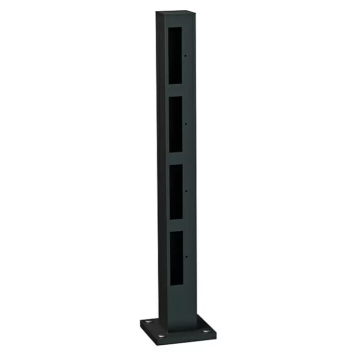 Recal Zaunpfosten Karlsdal - Höhe: 74,5 cm, Endpfosten rechts, Mattschwarz RAL9005, Aluminium - Dunkelgraues rechteckiges Zutrittskontrollsäule mit vier schwarzen Sensorausschnitten und stabiler Bodenplatte mit silbernen Kappen.