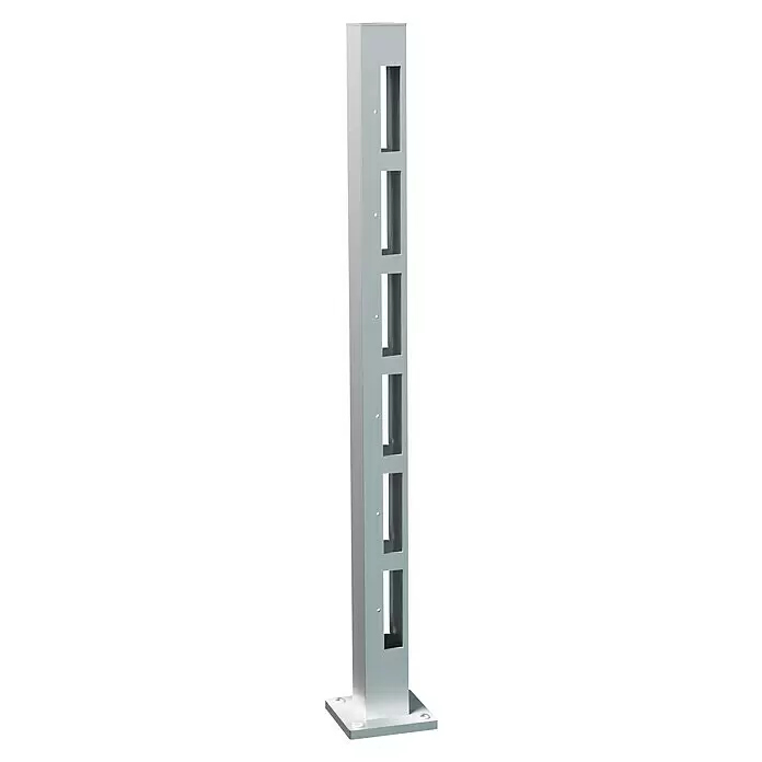 Recal Zaunpfosten Karlsdal - Höhe: 107,5 cm, Mittelpfosten, Natur eloxiert, Aluminium - Silberner Metall-Montagepfosten mit rechteckigen Schlitzen und quadratischem Sockel.