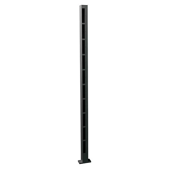 Recal Zaunpfosten Karlsdal - Höhe: 174 cm, Endpfosten rechts, Mattschwarz RAL9005, Aluminium - Hohe, dunkelgraue Säule mit mehreren rechteckigen Fächern und stabilem Sockel.