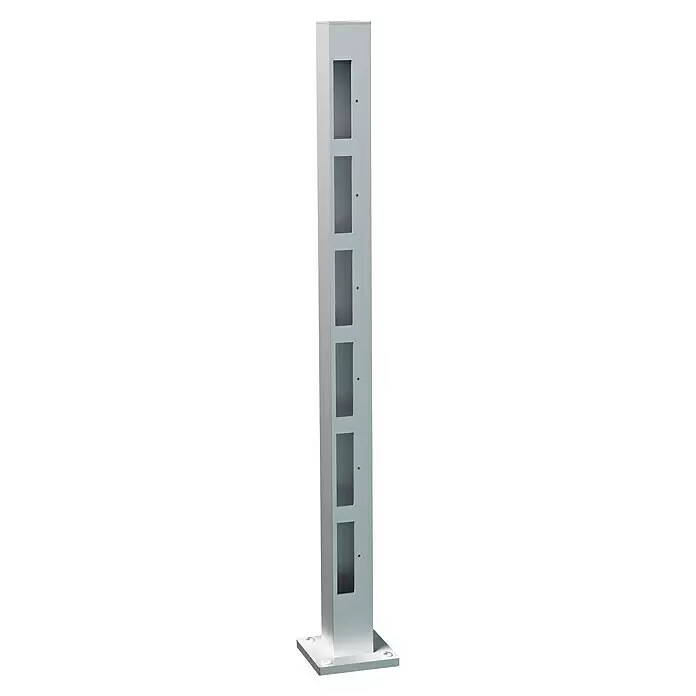 Recal Zaunpfosten Karlsdal - Höhe: 107,5 cm, Endpfosten rechts, Natur eloxiert, Aluminium - Hellgraue Metallsäule mit mehreren rechteckigen Modulschlitzen und stabilem Sockel.