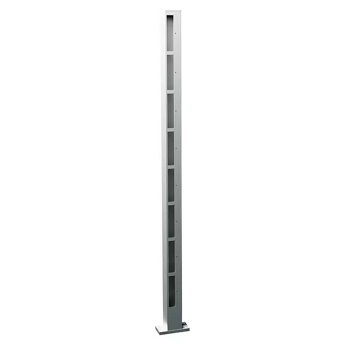 Recal Zaunpfosten Karlsdal - Höhe: 141 cm, Endpfosten rechts, Natur eloxiert, Aluminium - Hohe, hellgraue Metallsäule mit dunklen rechteckigen Schlitzen und einer Montagebasis, wahrscheinlich für Zugangskontrolle.