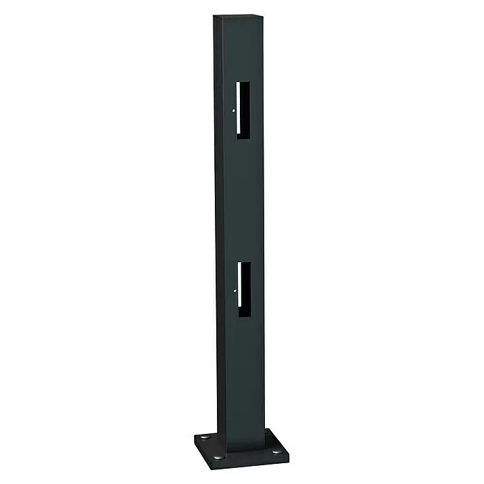 Recal Zaunpfosten Sommen - Höhe: 74,5 cm, Zwischenpfosten, Mattschwarz (RAL 9005), Aluminium - Dunkelgrauer rechteckiger Metall-Montagepfosten mit zwei vertikalen Schlitzen, kleinen runden Details und einem stabilen Standfuß.