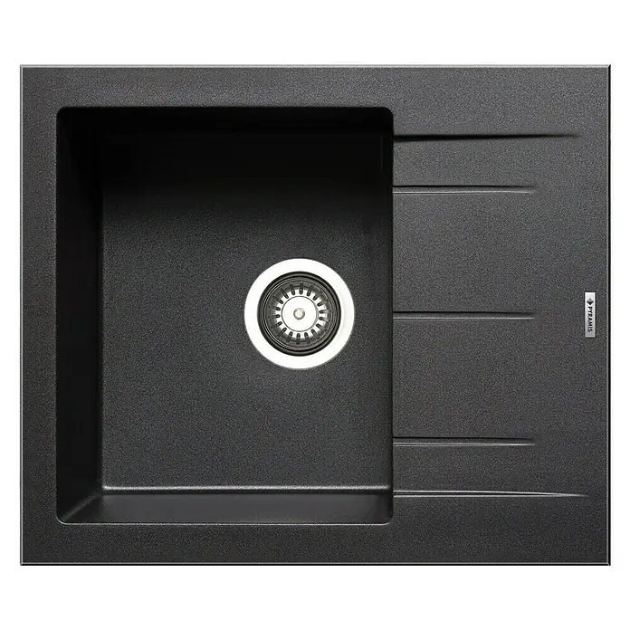 Pyramis Einbauspüle Alazia - 59 x 50 cm, Carbon - Hier ist ein modernes schwarzes Spülbecken aus Verbundwerkstoff mit einem praktischen Abflussbereich für die Küche.