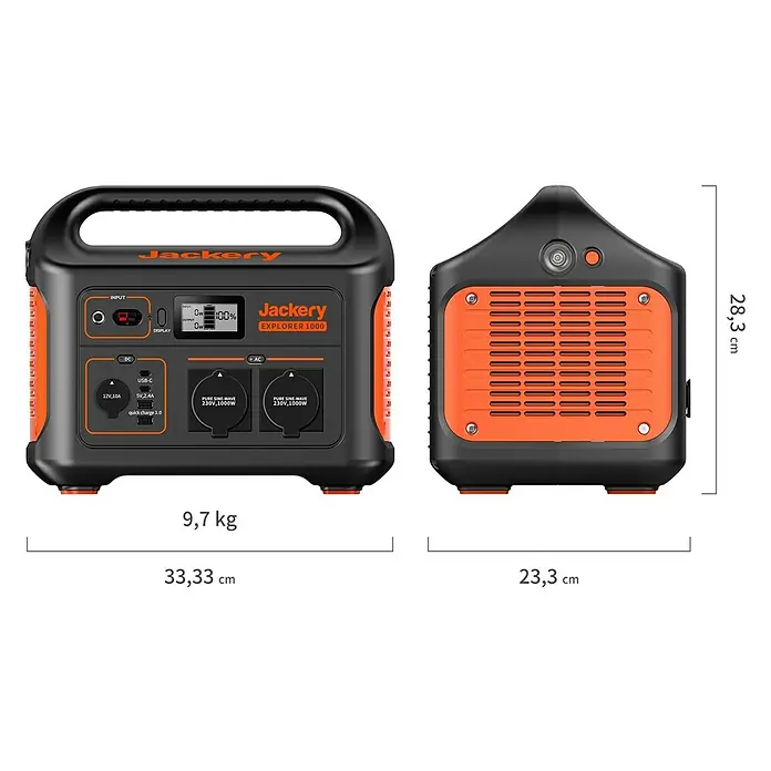 Jackery Estación de energía portátil Explorer 1000 EU - 1.000 Wh, Negro, 45,4 Ah - Imagen del Jackery Explorer 1000, una estación de energía portátil que muestra las dimensiones y el peso, adecuada para actividades al aire libre.