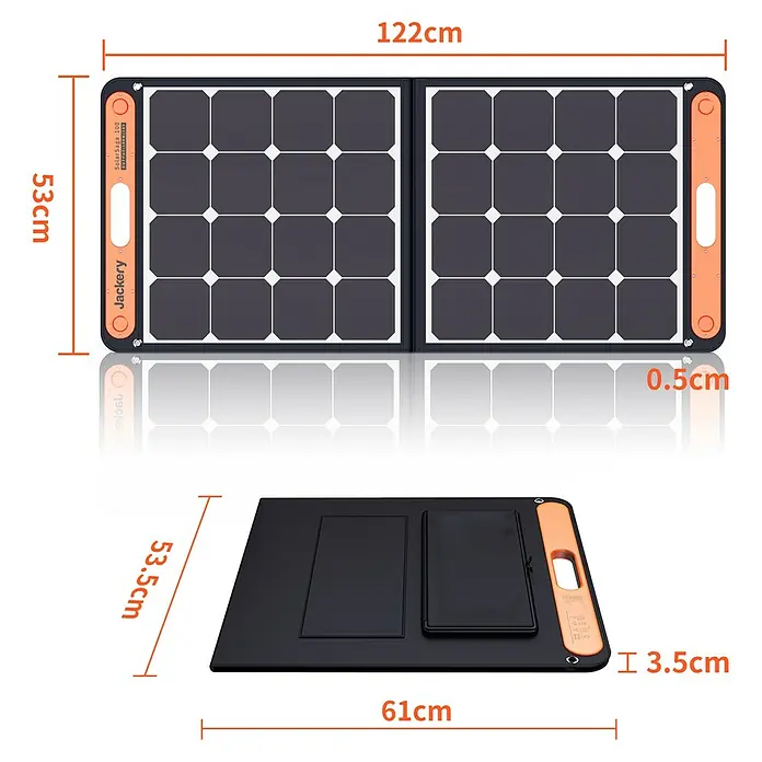 Jackery Colector luz solar Saga - 100 W, 122 x 53,5 cm - Imagen de un panel solar plegable Jackery con dimensiones de largo, ancho y grosor cuando está plegado.