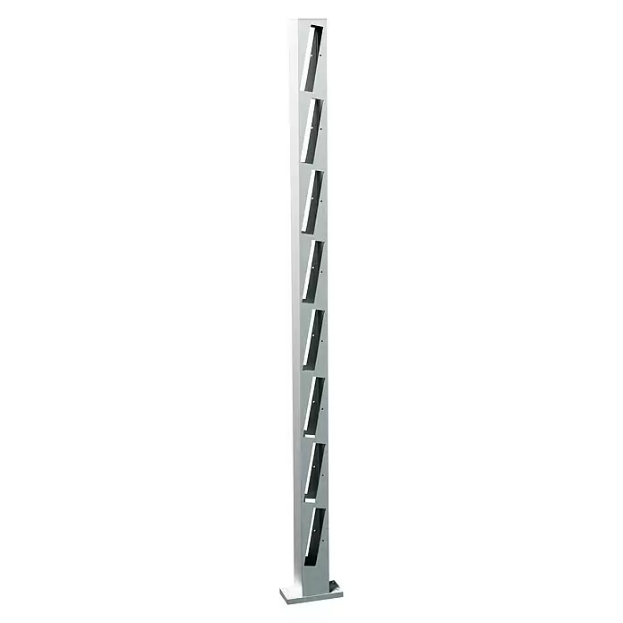 Recal Zaunpfosten Mossle - Höhe: 136,5 cm, Durchmesser: 70 mm, Natur eloxiert, Aluminium - Hoher, schlanker Prospektständer aus grauem Metall mit acht schrägen Ablagefächern.