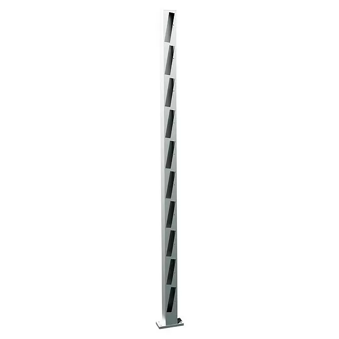 Recal Zaunpfosten Mossle - Höhe: 168 cm, Endpfosten rechts, Natur eloxiert, Aluminium - Schlanker, grauer Metall-Broschürenständer mit mehreren schrägen Fächern.