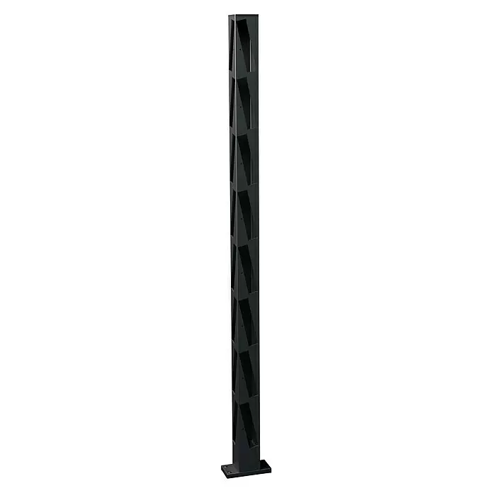 Recal Zaunpfosten Mossle - Höhe: 136,5 cm, Eckpfosten, Mattschwarz (RAL 9005), Aluminium - Hohe, dunkelgraue Säulenleuchte mit geometrischen diagonalen Lichtöffnungen und flachem Sockel.