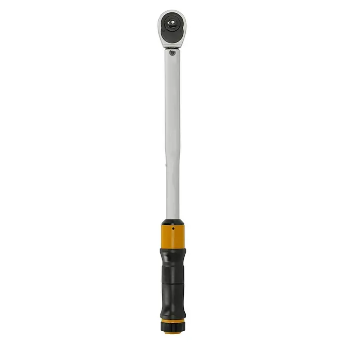 Proxxon Llave dinamométrica MICRO-Click - Cuadrado de ½'', 40 Nm - 200 Nm - Una llave dinamométrica con mango amarillo y negro, diseñada para un apriete preciso de tornillos con un par definido.