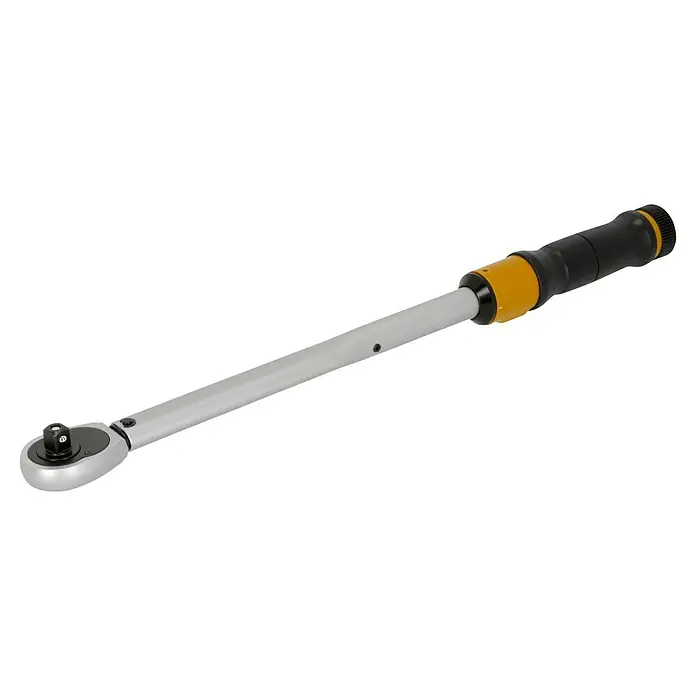 Proxxon Llave dinamométrica MICRO-Click - Cuadrado de ½'', 40 Nm - 200 Nm - Una llave dinamométrica con un eje gris plateado y mango amarillo y negro. Herramienta de precisión para el apriete controlado.
