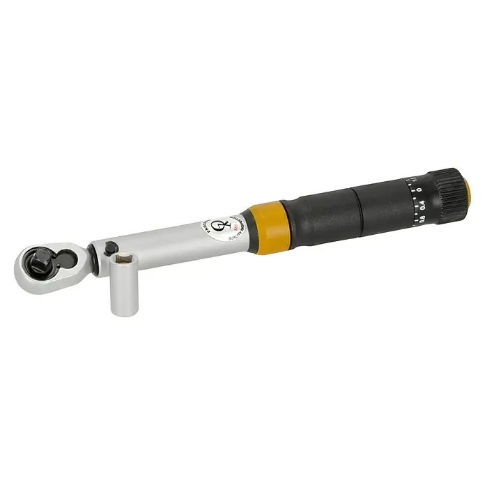 Proxxon Llave dinamométrica MicroClick - ¼'' cuadrado, 3 Nm - 15 Nm - Una llave dinamométrica con eje plateado, mango negro y detalles amarillos para un apriete preciso.